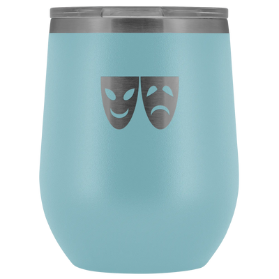 Happy and Sad Face masks stainless steel vacuum insulated Stemless Wine Tumbler with clear lid Light Blue Wine Tumbler | B...