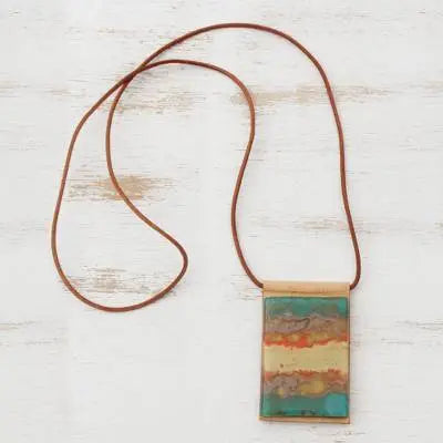 Layered Glass and Leather Pendant Necklace from Brazil, "Seaside"  Jewelry | Buy from Asteria One