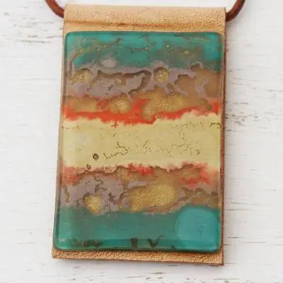 Layered Glass and Leather Pendant Necklace from Brazil, "Seaside"  Jewelry | Buy from Asteria One