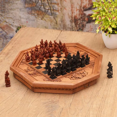 Octagon Challenge: Hand-Carved Cempaka Wood Travel Chess Set from Bali   | Buy from Asteria One