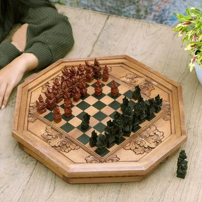 Octagon Challenge: Hand-Carved Cempaka Wood Travel Chess Set from Bali   | Buy from Asteria One