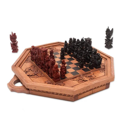 Octagon Challenge: Hand-Carved Cempaka Wood Travel Chess Set from Bali   | Buy from Asteria One