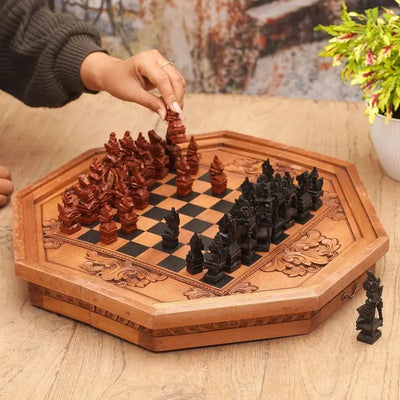 Octagon Challenge: Hand-Carved Cempaka Wood Travel Chess Set from Bali   | Buy from Asteria One