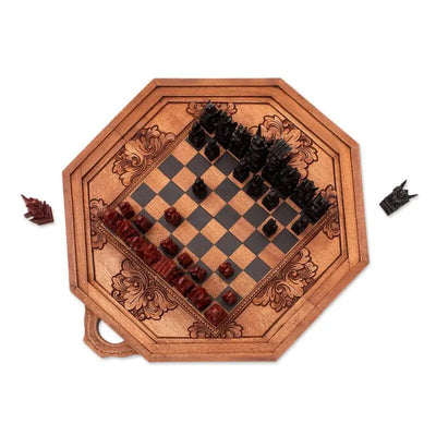 Octagon Challenge: Hand-Carved Cempaka Wood Travel Chess Set from Bali   | Buy from Asteria One