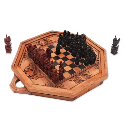 Octagon Challenge: Hand-Carved Cempaka Wood Travel Chess Set from Bali   | Buy from Asteria One