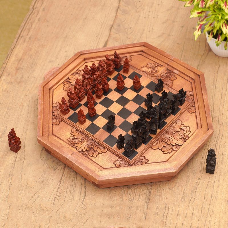 Octagon Challenge: Hand-Carved Cempaka Wood Travel Chess Set from Bali