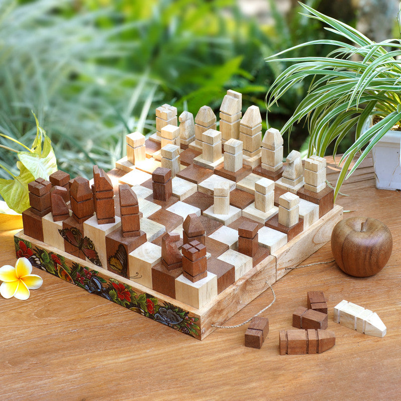 Monarch Strategy: Hand-Painted Butterfly & Floral Wood Chess Set from Bali
