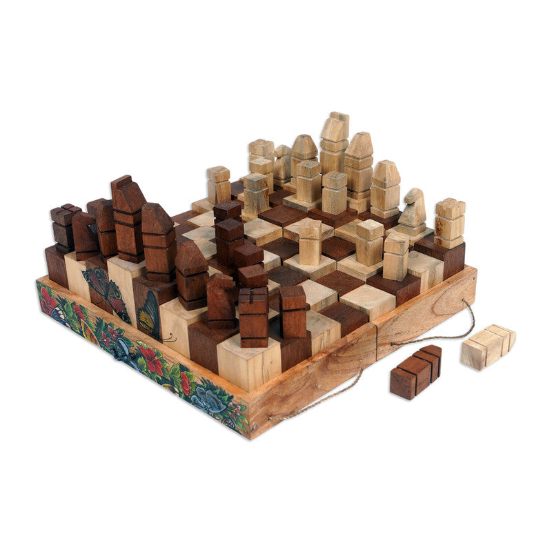 Monarch Strategy: Hand-Painted Butterfly & Floral Wood Chess Set from Bali