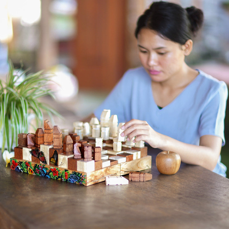 Monarch Strategy: Hand-Painted Butterfly & Floral Wood Chess Set from Bali