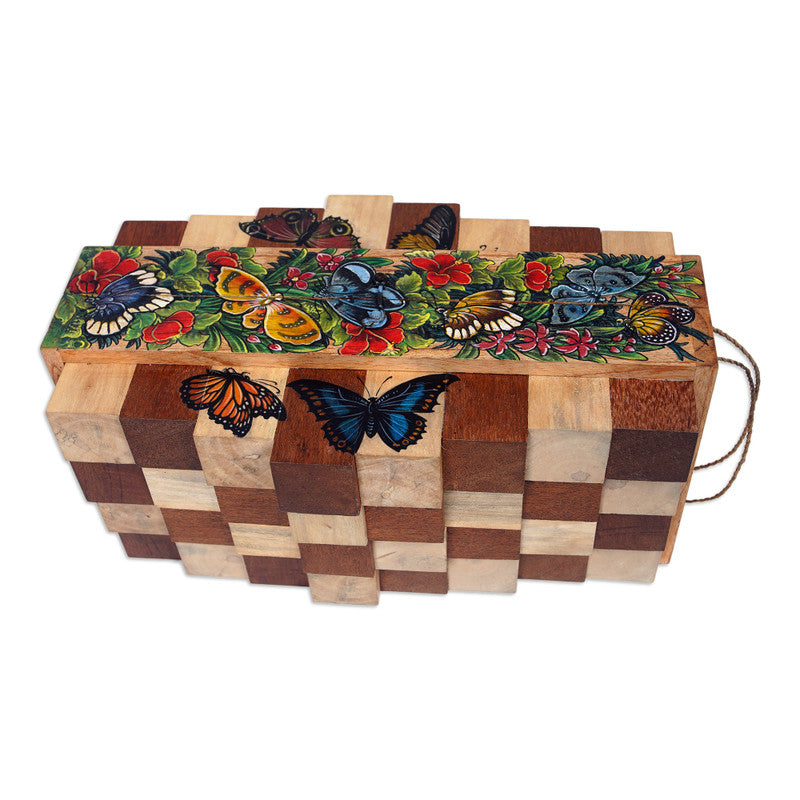 Monarch Strategy: Hand-Painted Butterfly & Floral Wood Chess Set from Bali