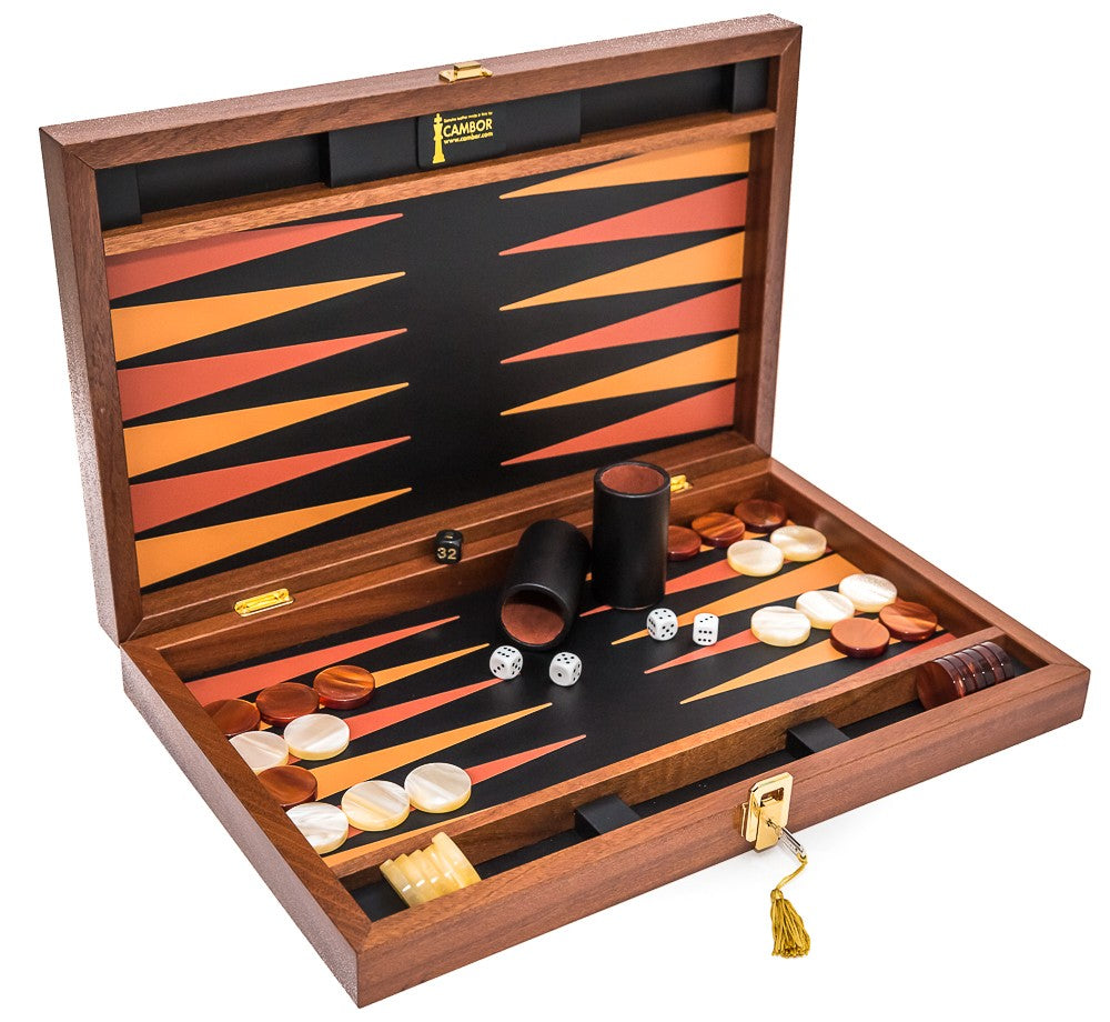 Walnut Professional Tournament backgammon set Made in Italy with brass latch 24kt gold plated with lock & key