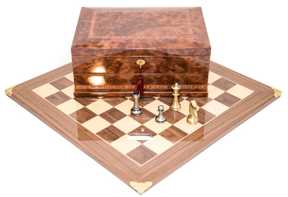 Brass Staunton 1880 Chess Set with Master Board & Napoli Storage Box