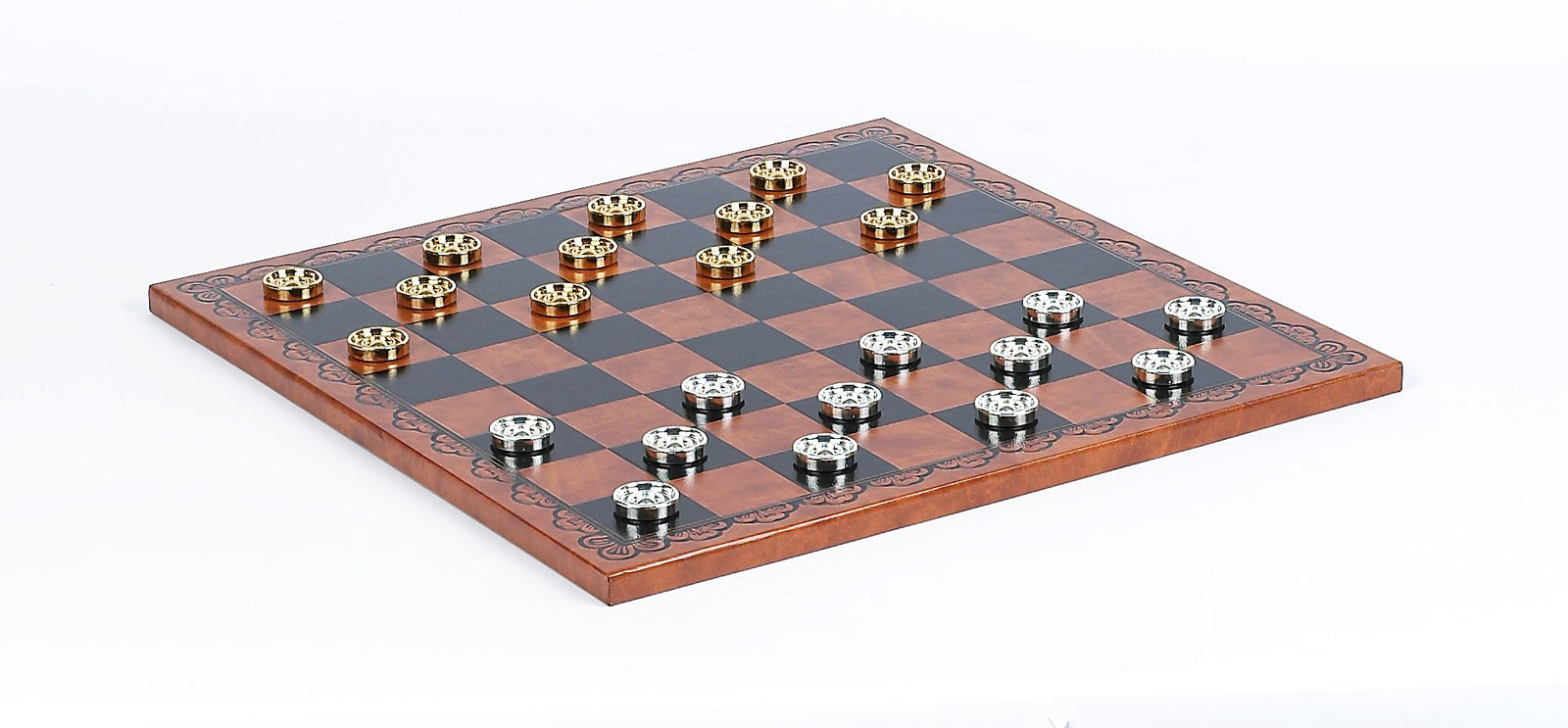 Italian made Gold and Silver Checkers & Tooled leatherette Board