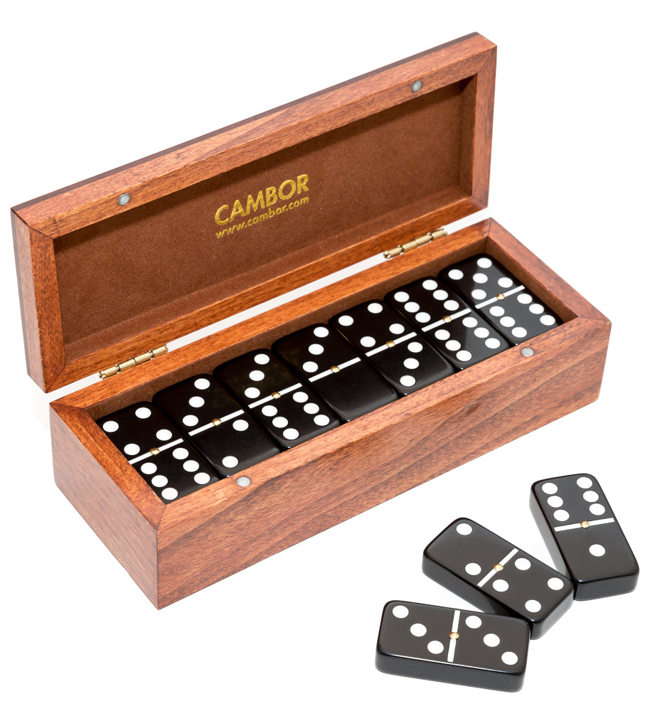 Deluxe Jumbo Size Double Six Dominoes Set with elegant walnut finish box