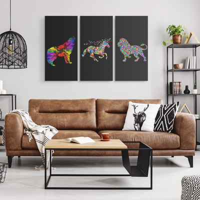 The chromatic animals, wolf, unicorn, lion - 3 Piece Canvas wall art
