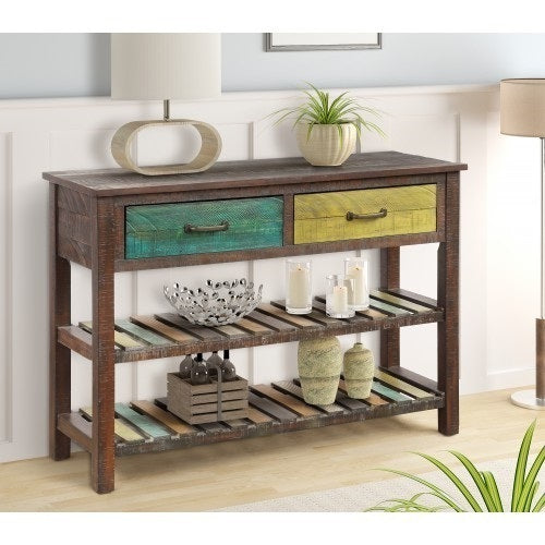 Multicolored rustic Console Table / Sofa Table with Drawers and 2 Tiers Shelves
