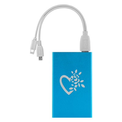 A flowering heart laser etched Lithium-Ion power bank