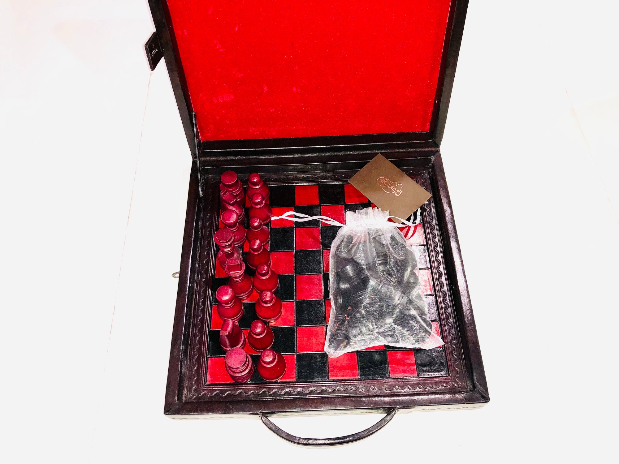 Wood and Leather Chess Set with handcrafted leather storage box