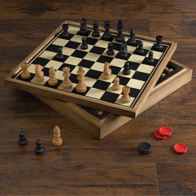 Deluxe Vintage Wood Chess and Checkers Game Set