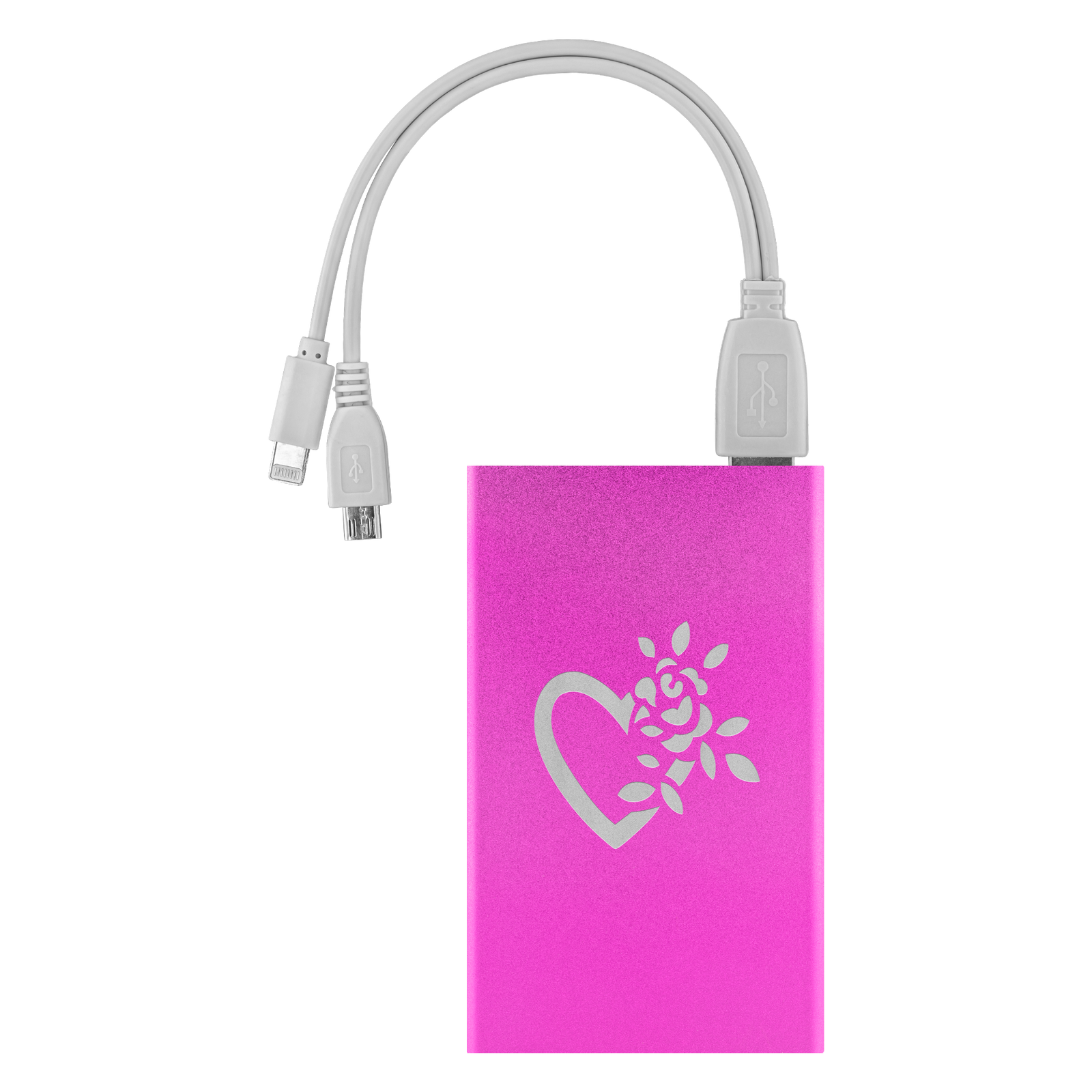A flowering heart laser etched Lithium-Ion power bank