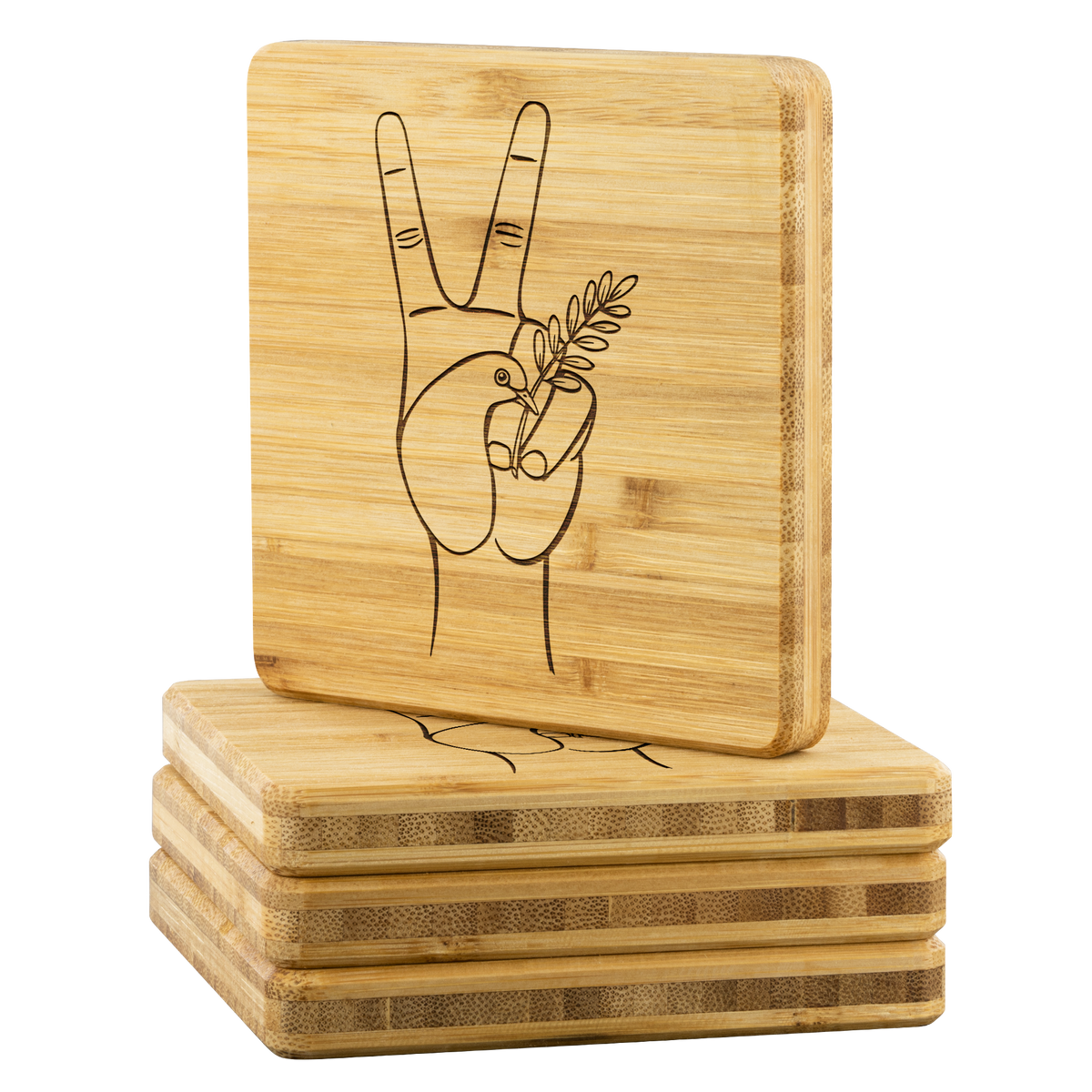 Dove Hand Peace Symbol - Bamboo coaster (set of 4)
