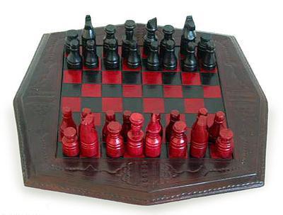 African Battle Wood and Leather Chess Set