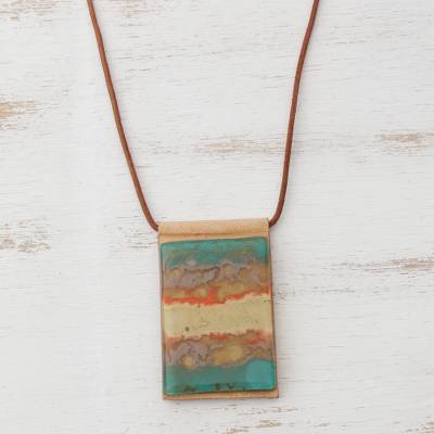 Layered Glass and Leather Pendant Necklace from Brazil, "Seaside"