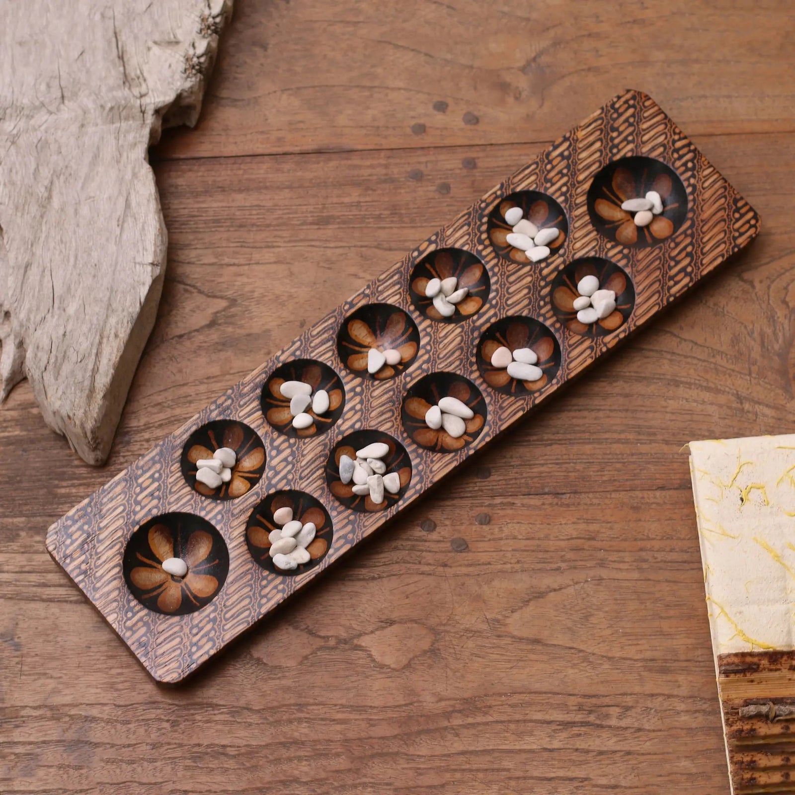 Batik Wood and Stone Dakon / Mancala Board Game