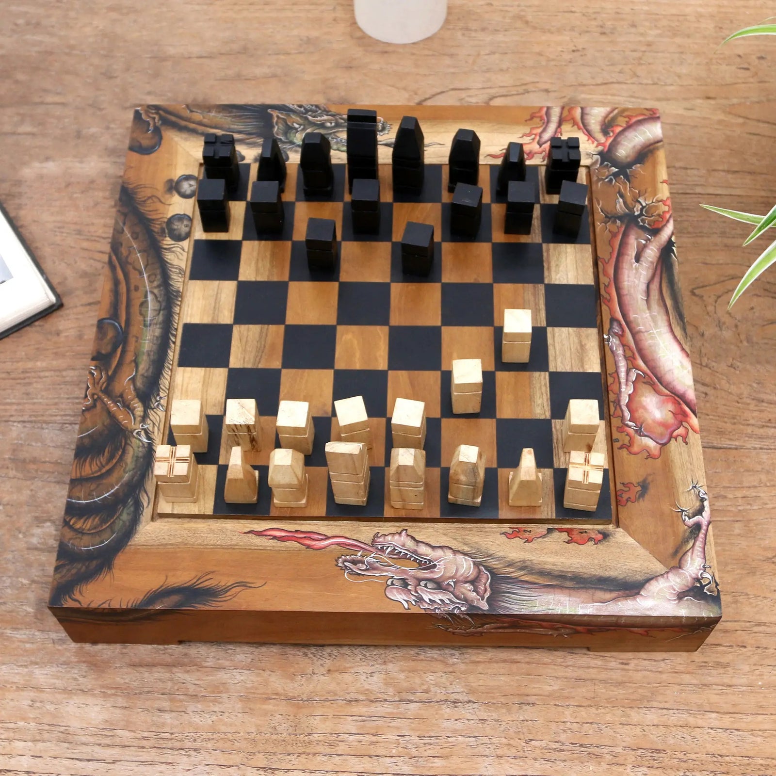 Handcrafted wood designer chess set with storage