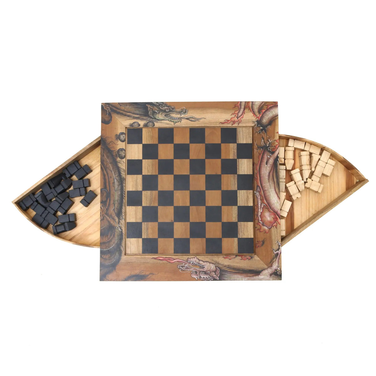 Handcrafted wood designer chess set with storage