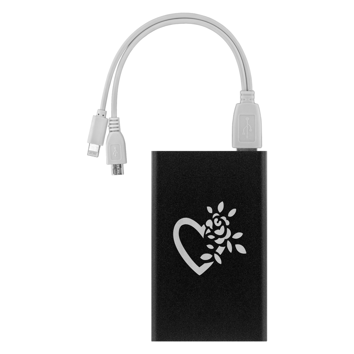 A flowering heart laser etched Lithium-Ion power bank