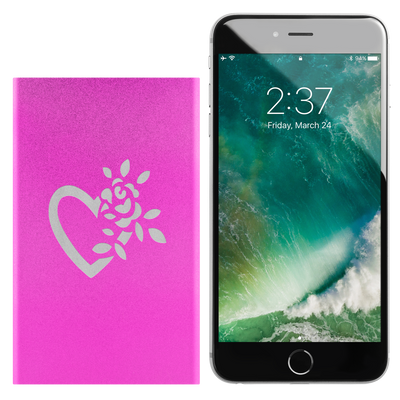 A flowering heart laser etched Lithium-Ion power bank