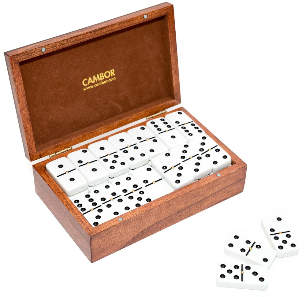 Deluxe Jumbo Size Double Nine Dominoes Set with elegant walnut finish box