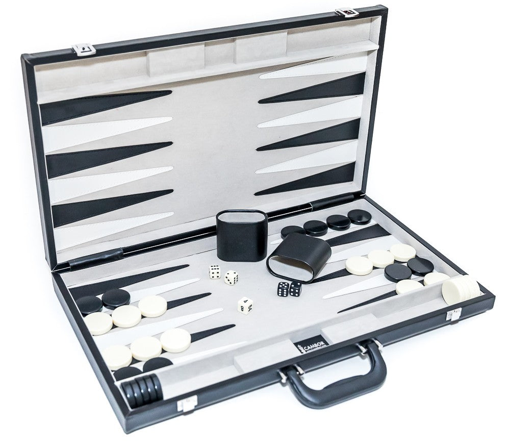 Tournament size Backgammon Set with Leatherette case, luggage handle and Nickel plated hardware