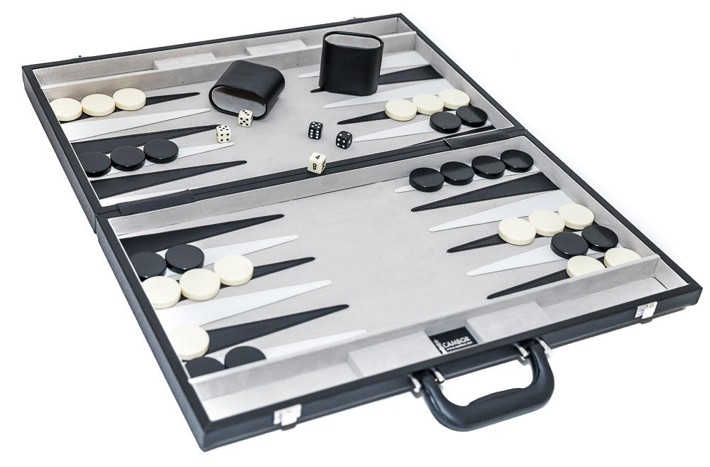 Tournament size Backgammon Set with Leatherette case, luggage handle and Nickel plated hardware
