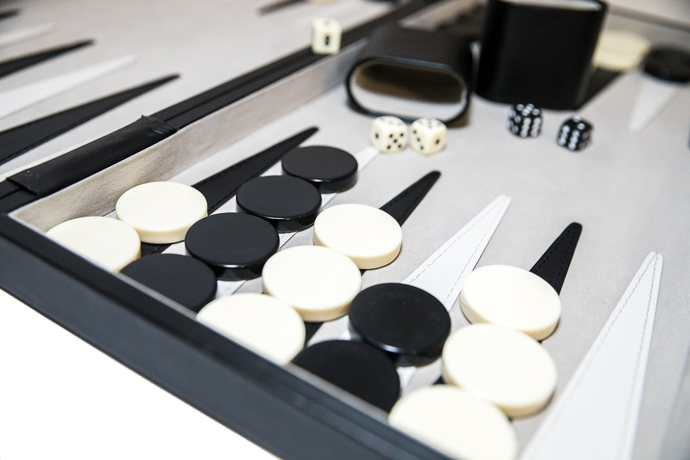 Tournament size Backgammon Set with Leatherette case, luggage handle and Nickel plated hardware