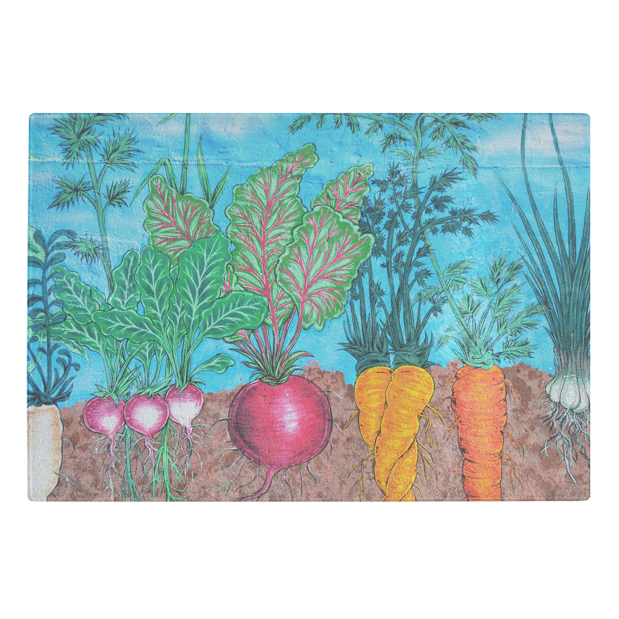 The root vegetables- glass cutting board
