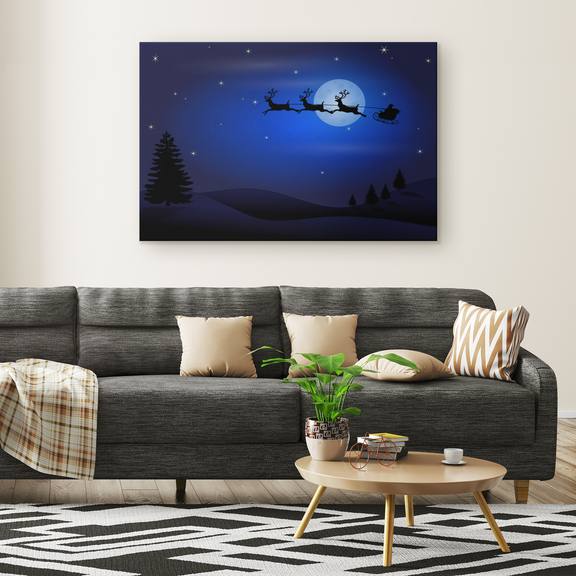 Santa and reindeers at work - Rectangle Gallery Canvas wall art