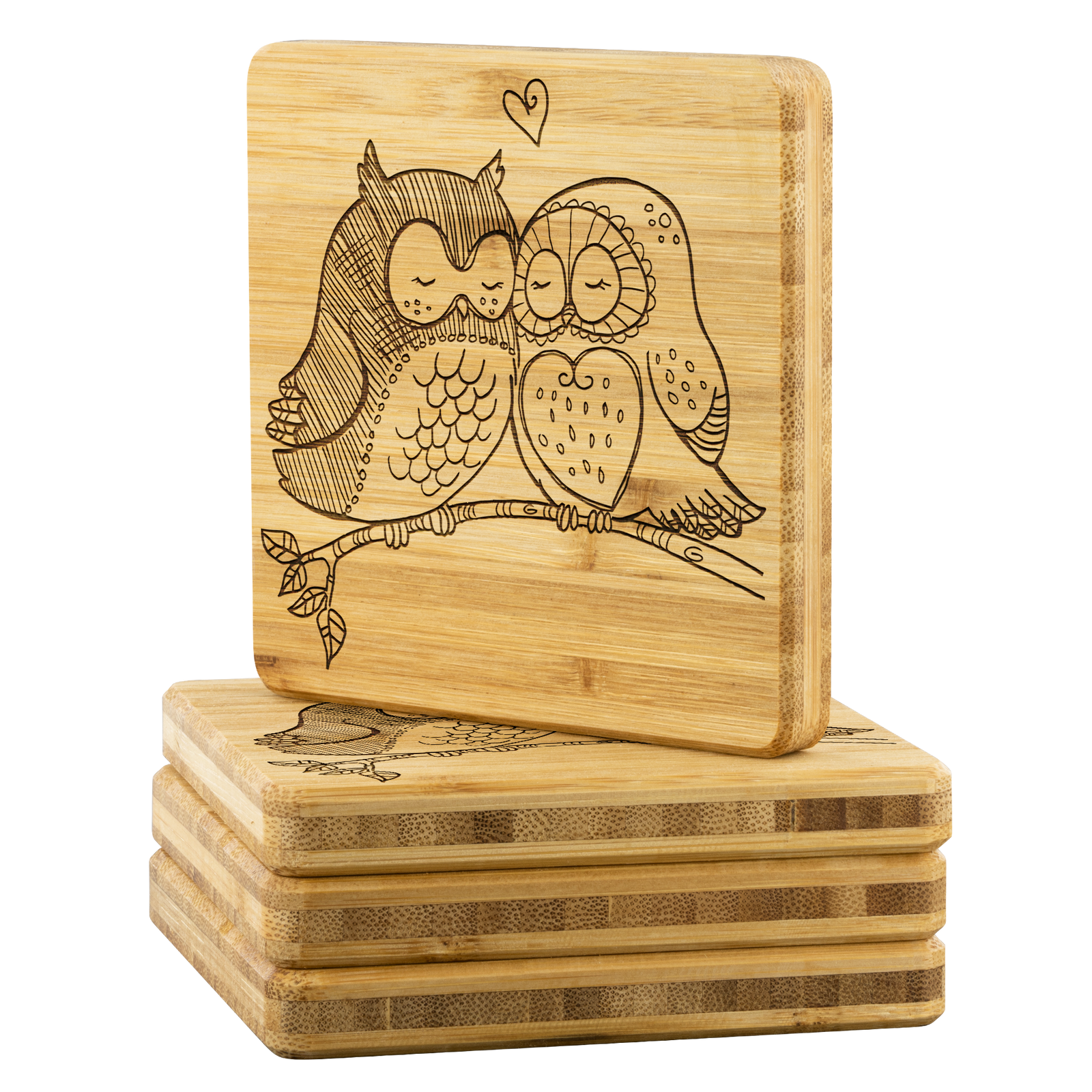 Owl pair in love - Bamboo coaster (set of 4)