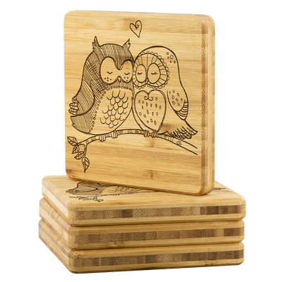 Owl pair in love - Bamboo coaster (set of 4)